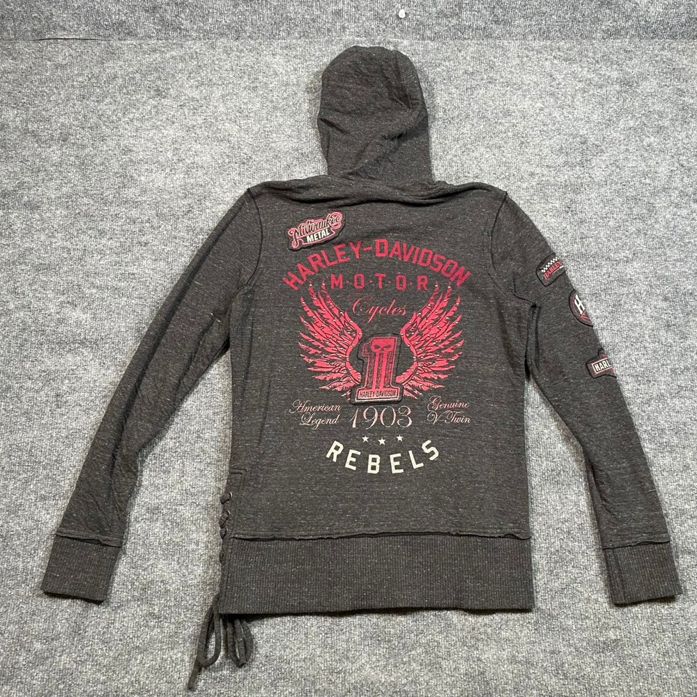 Harley Davidson Womens Charcoal Gray Pink Winged Rebel Zip Up Hoodie L Side Lace